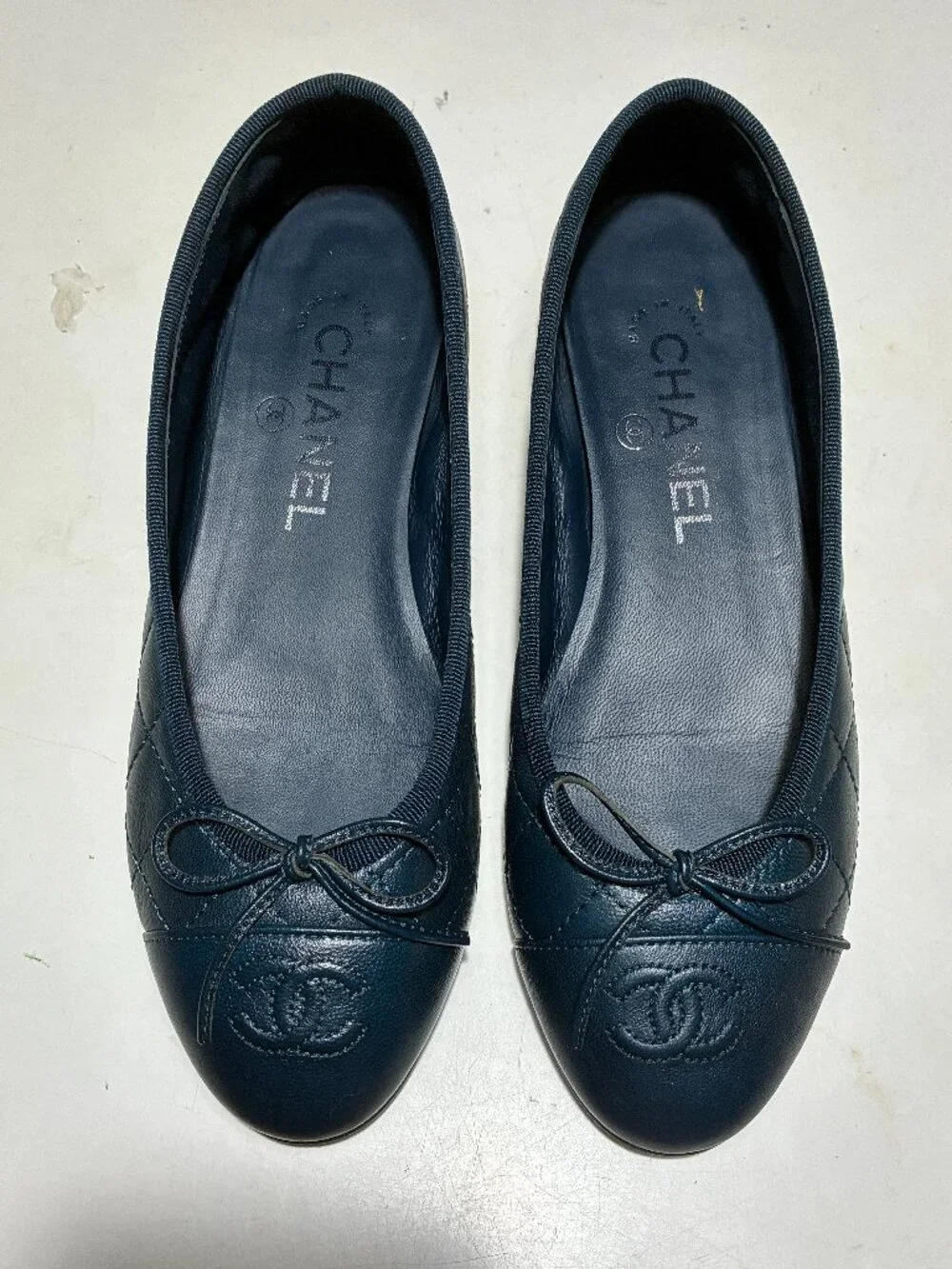 Chanel Blue Jeans Navy Cushioned Leather Ballet Flats 36